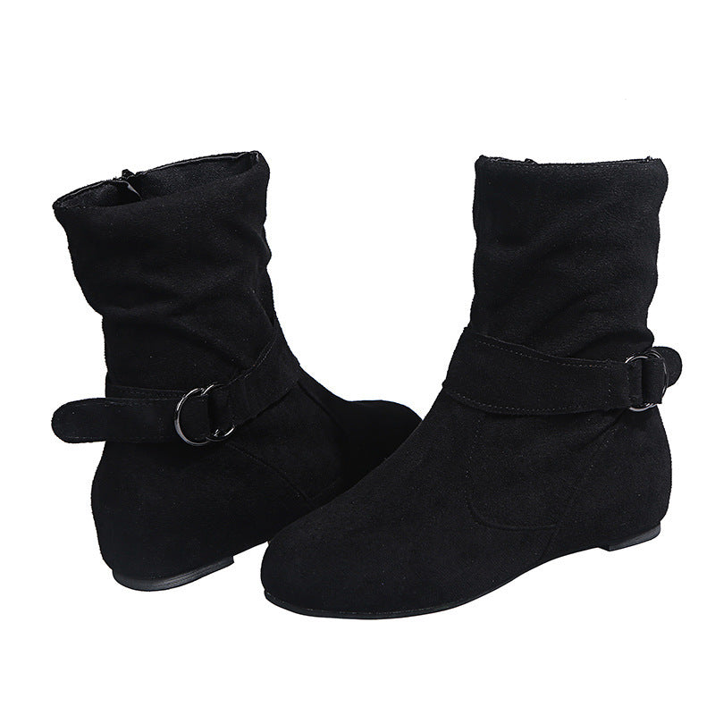 European Station Plus Size Suede Flat Belt Buckle Women's Ankle Boots