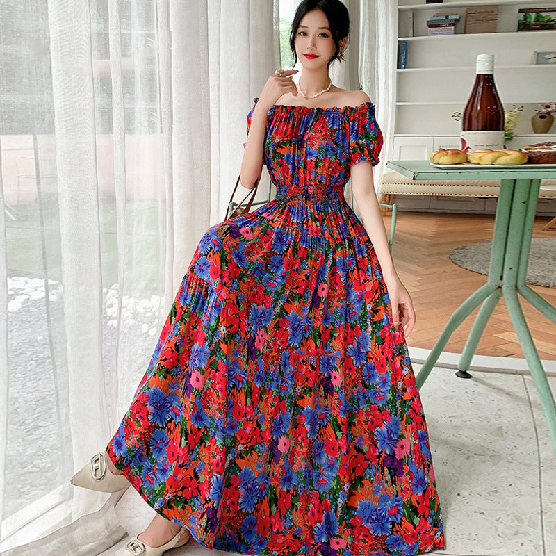 Summer Ethnic-style Elastic-waist Beach Bohemian Shoulder Dress