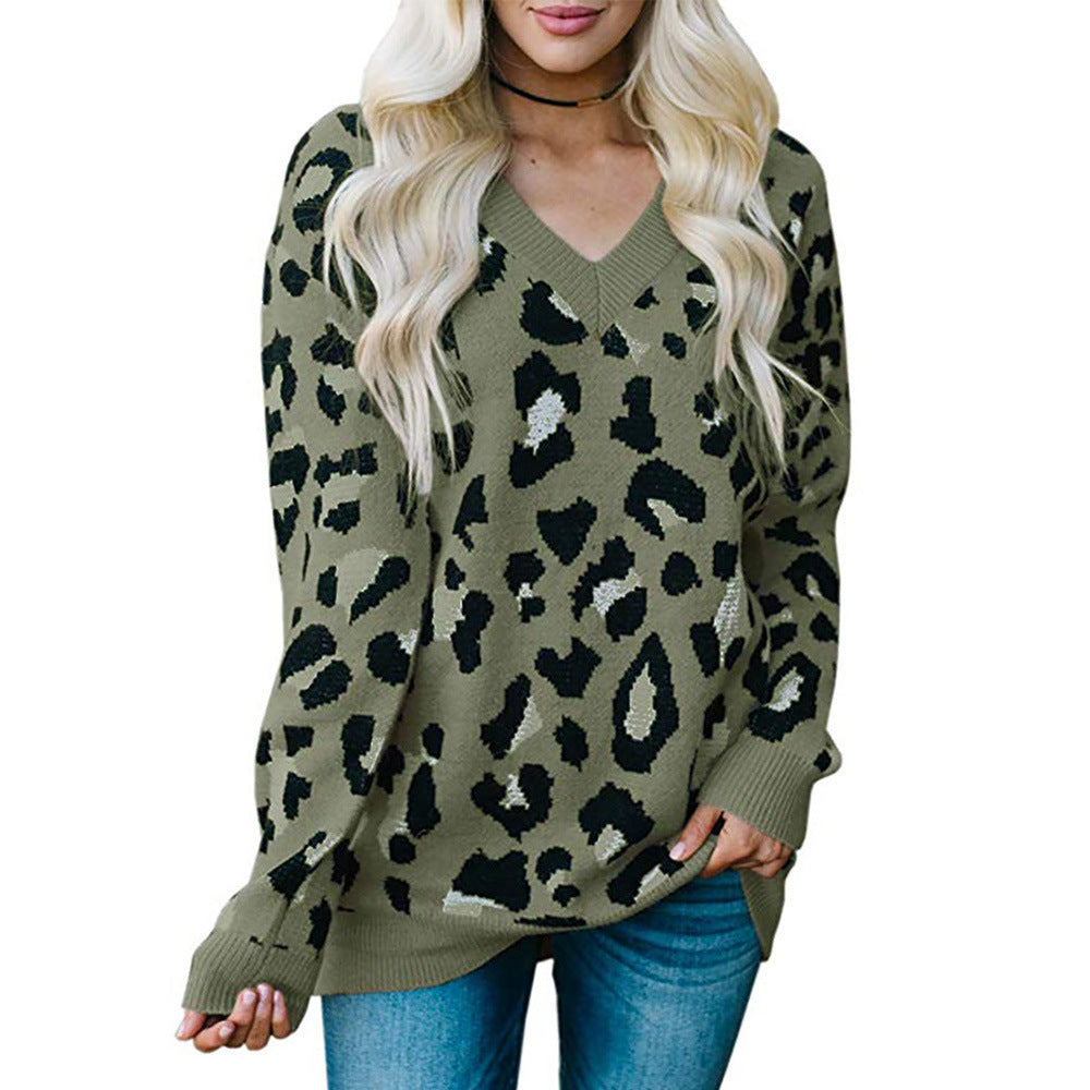 Large Size Three-color Leopard Jacquard V-neck Sweater Women