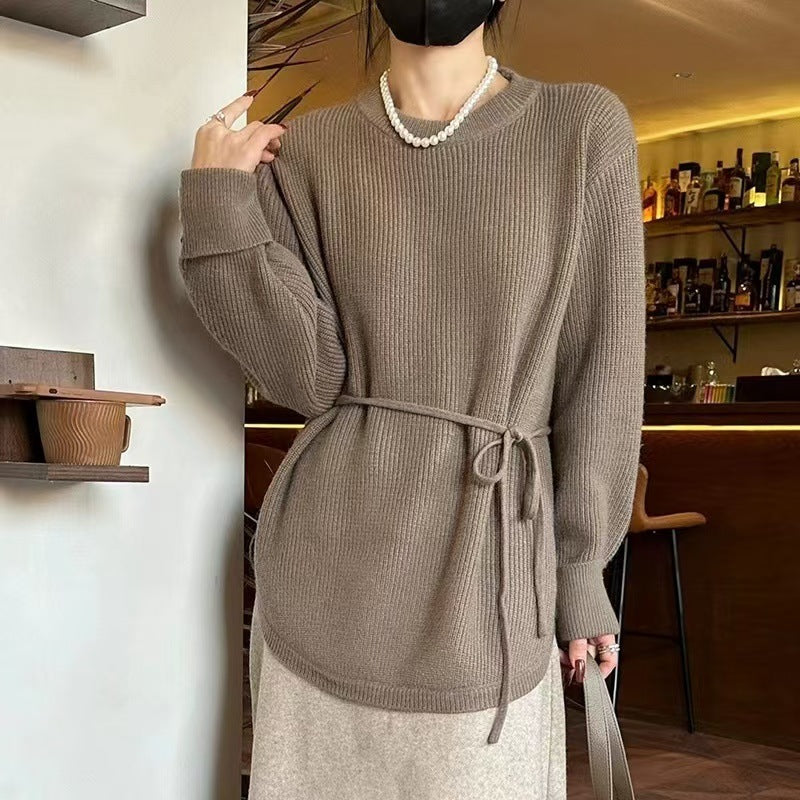 Mid-length Lace-up Loose Round Neck Solid Color Sweater