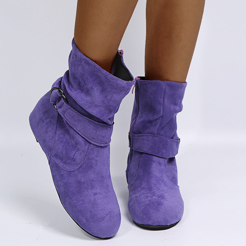 European Station Plus Size Suede Flat Belt Buckle Women's Ankle Boots
