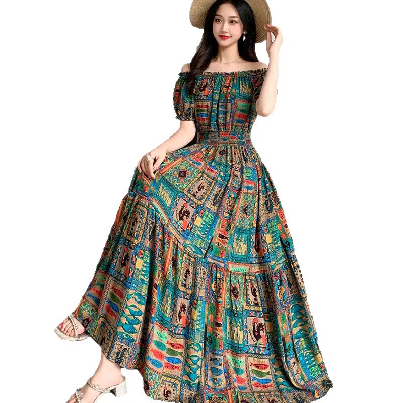 Summer Ethnic-style Elastic-waist Beach Bohemian Shoulder Dress