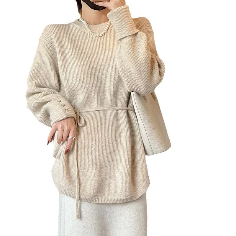 Mid-length Lace-up Loose Round Neck Solid Color Sweater