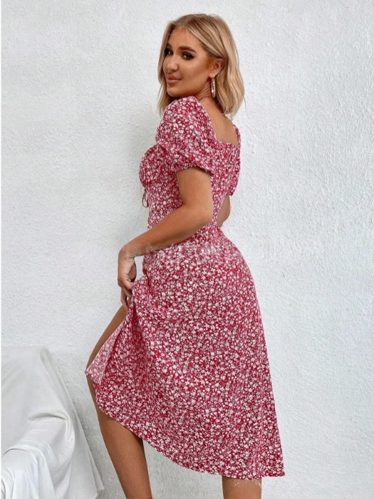 French-Style Floral Slip Dress - Women's Backless Sleeveless Slim-Fit Summer Midi Dress With Side Slit And Adjustable Suspender Straps